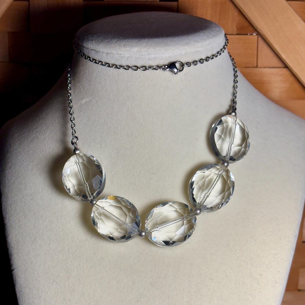 Clear Faceted Glass Oval Statement Necklace, Silver Tone Chain